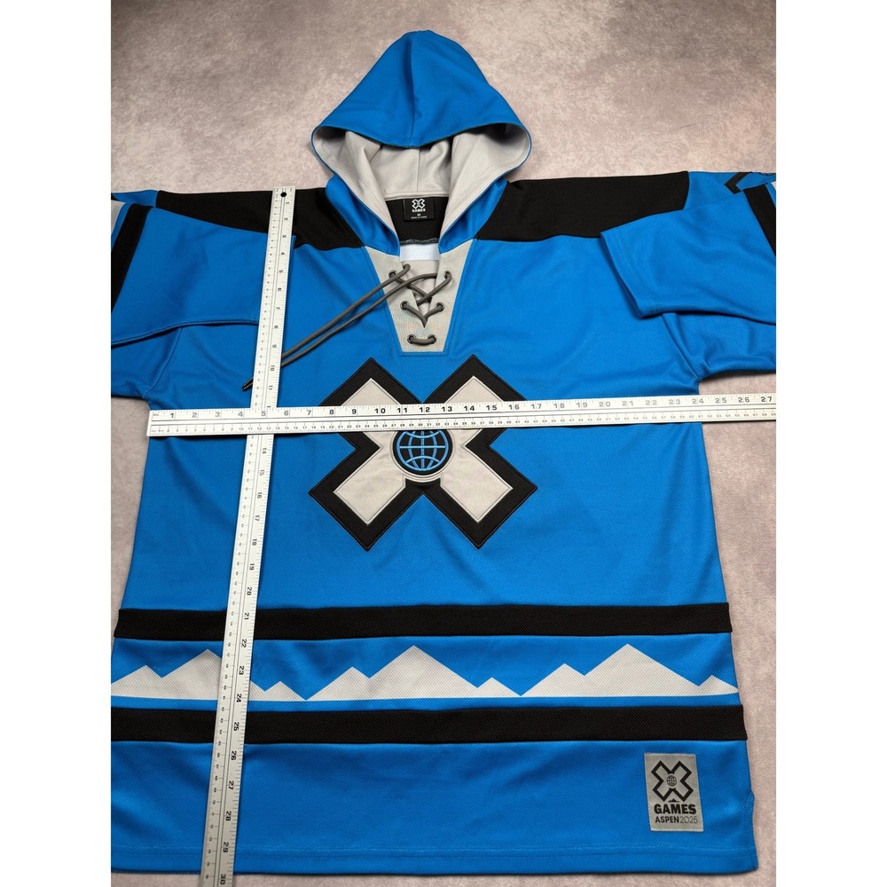 X Games Aspen 2025 Hooded Hockey Jersey Blue Black Lace Up Men M Embroidered - Picture 5 of 16
